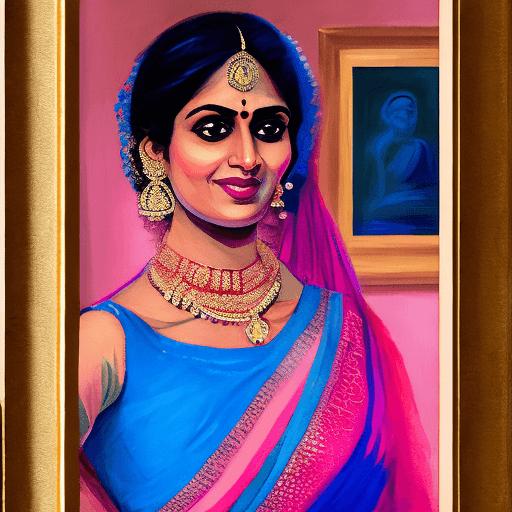 AI generated: A beautiful Indian woman in an elegant blue lehenga with pink sari, in the style of impressionist po...