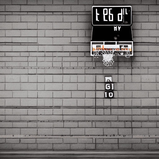 AI generated: Basketball scoreboard inside on a brick wall in the dark with the home team winning, cinematic, hype...