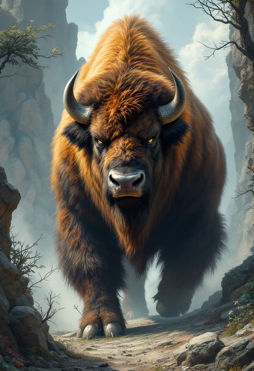 AI generated: A strong Bison(((full body view))) that emphasizes strong character, A huge and strong posture front...