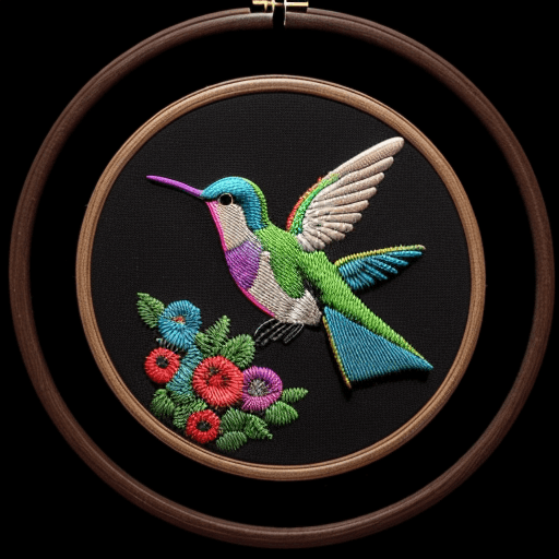 AI generated: embroidered circle with hummingbird on black background and a lot of texture, frontal view, neon iri...