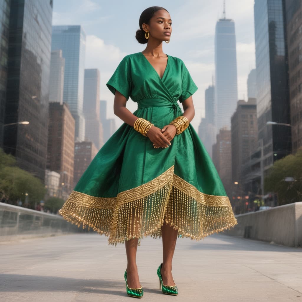 AI generated: FULL BODY IMAGE: A gorgeous dark-brown-skinned female with hair in a low bun, wearing an emerald gre...