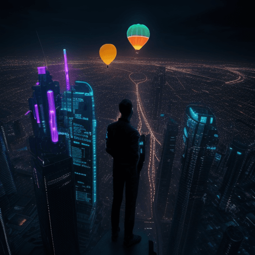 AI generated: guy standing on a sky scrapper top watching sky full of  flying neon hightech hot air Balloons , nig...