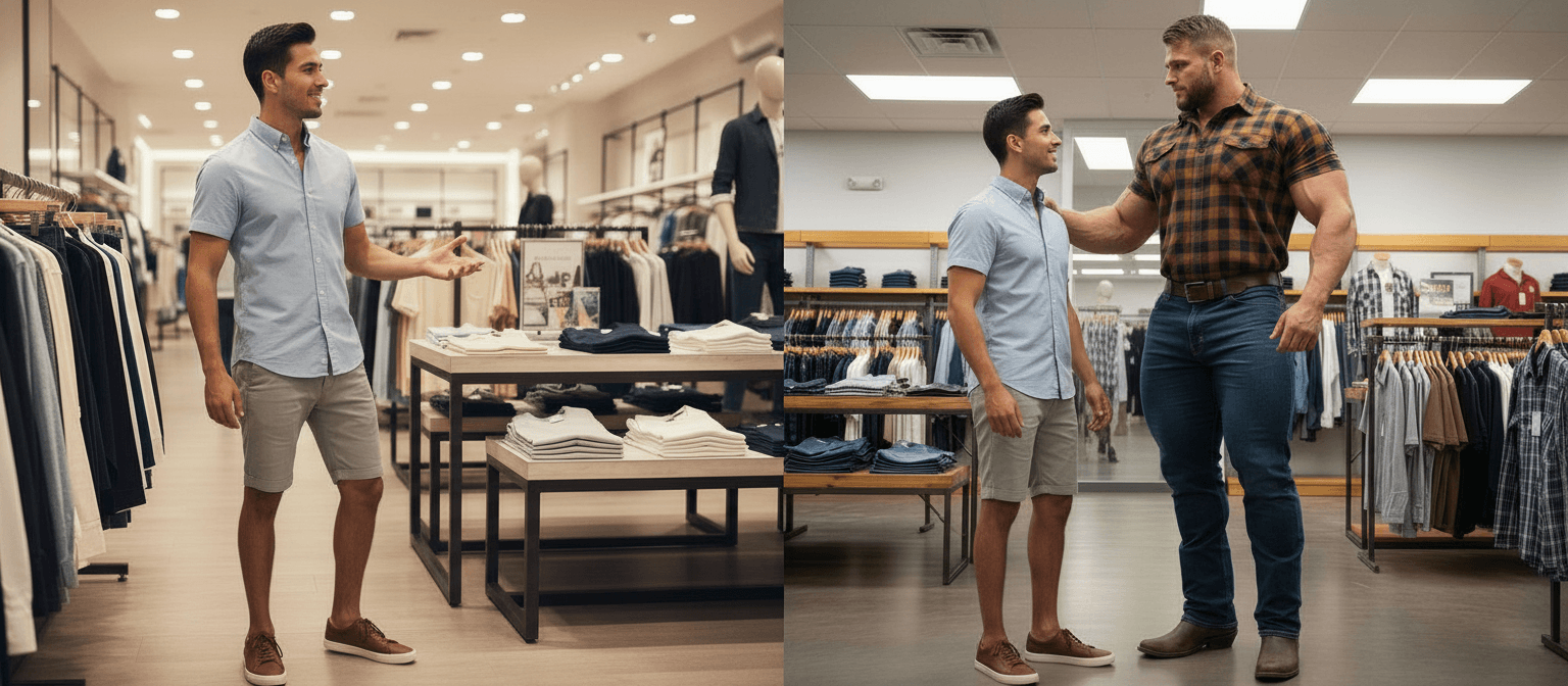 AI generated: At a clothing store. The two men are having a conversation together. The Hispanic male is 5 feet tal...
