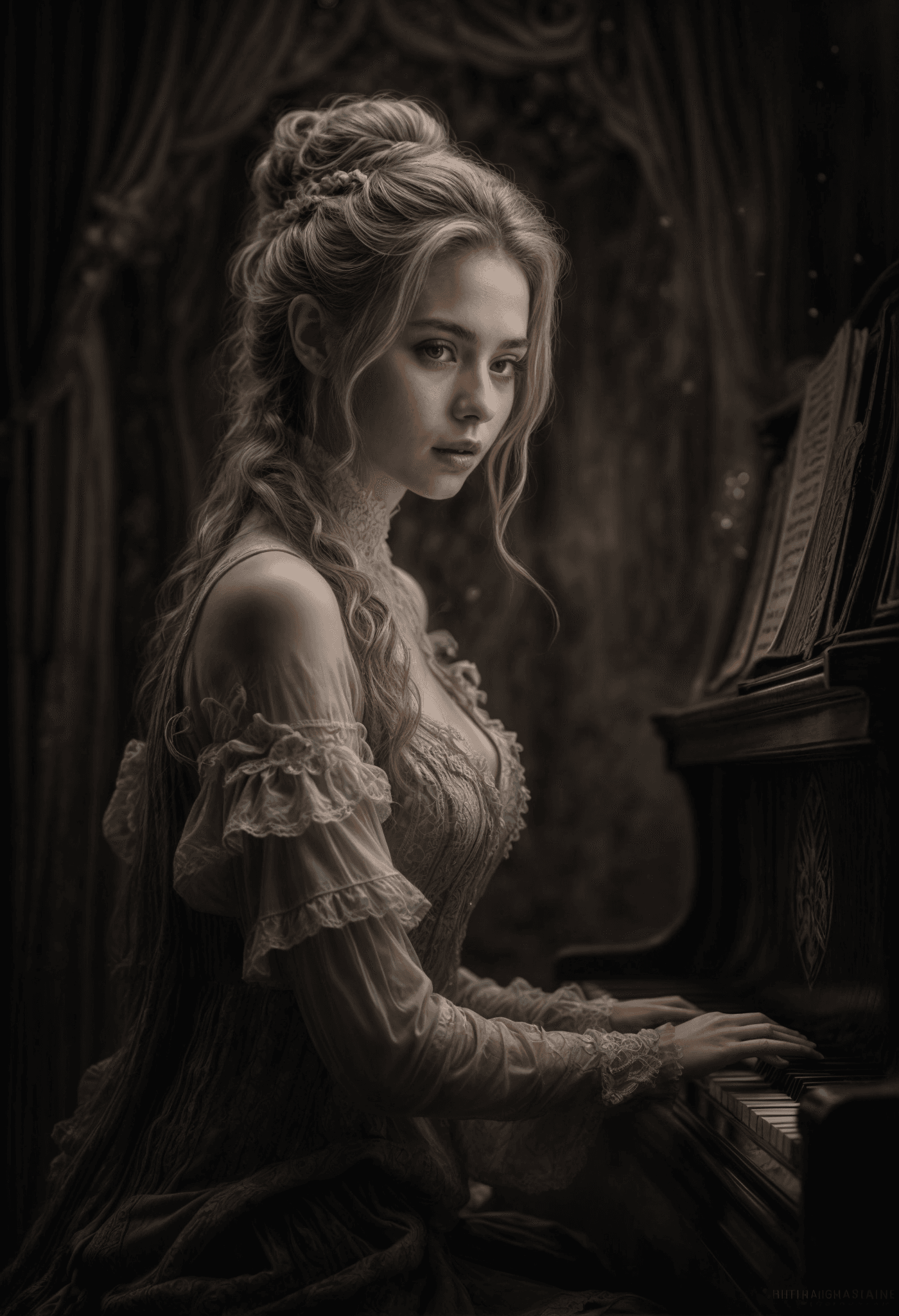 AI generated:  A woman in a historical dress is playing a piano in a dark room. She has long hair and is wearing a...