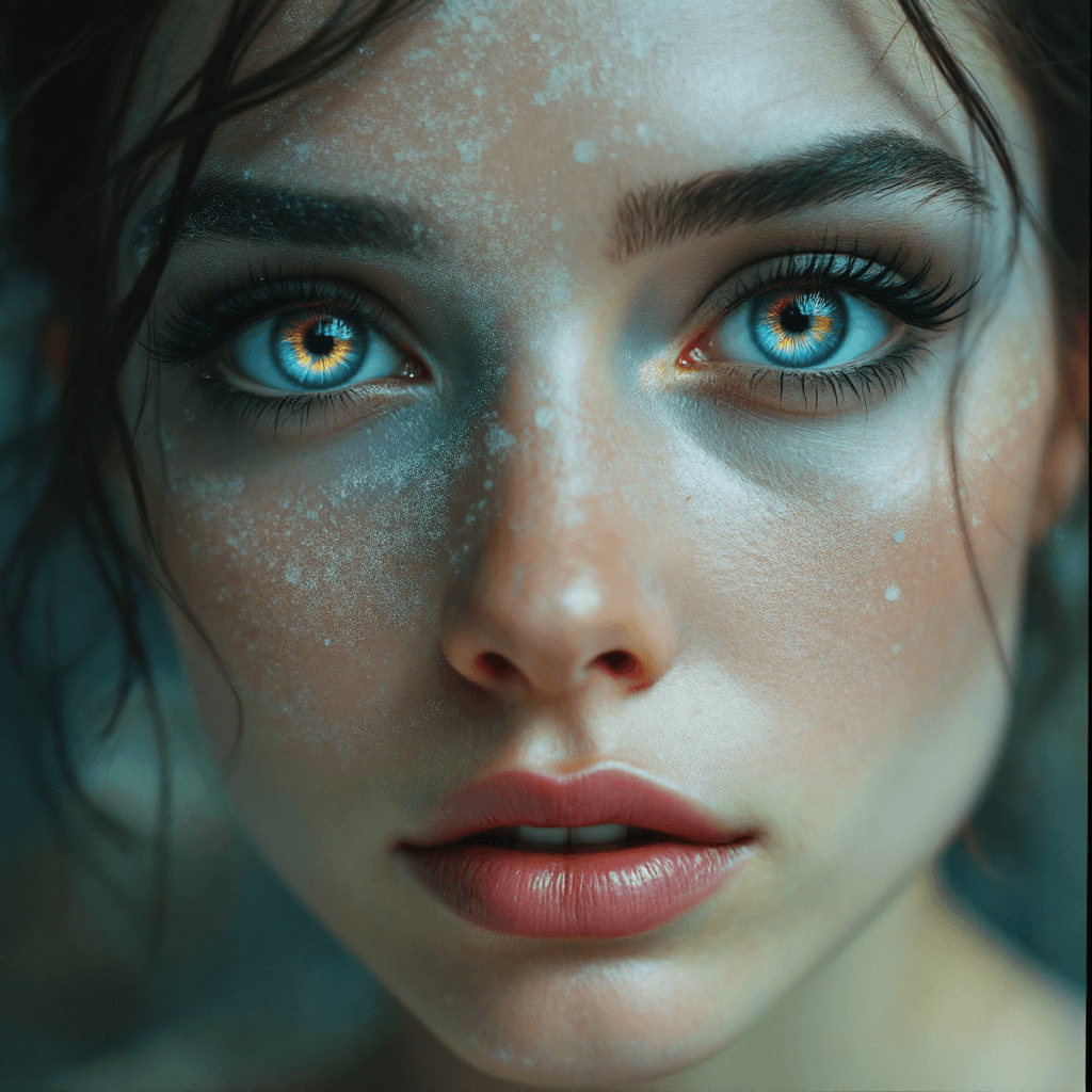 AI generated: Woman's portrait: her eyes are abstract portals into her soul, showing a constant flux of emotional ...