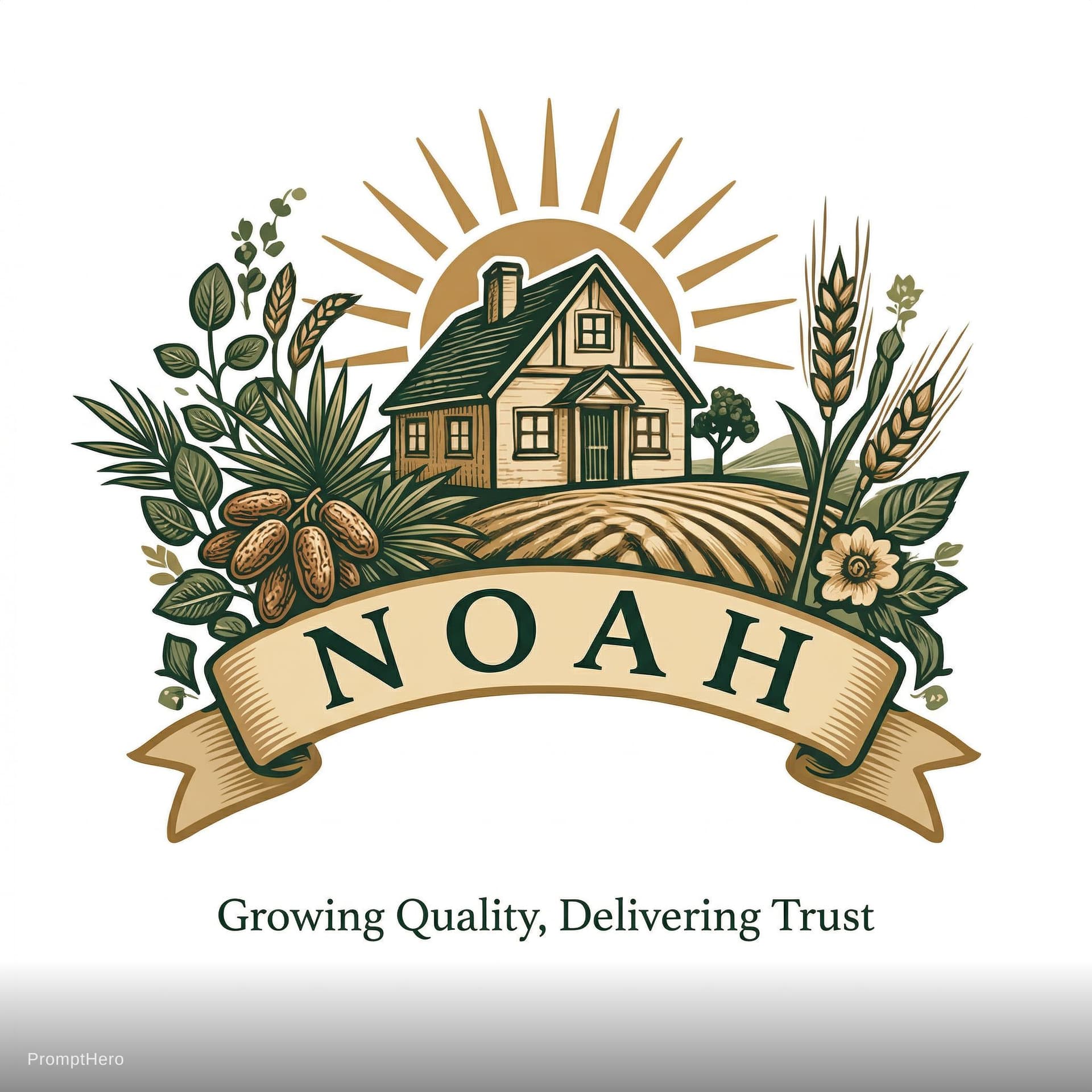 AI generated: Create a premium vintage-style agricultural logo design.

Main concept:

A detailed rustic farm illu...