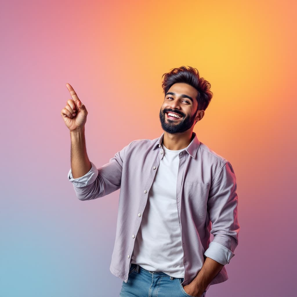 AI generated: an Indian man in a trendy casual-professional outfit, pointing confidently to the upper corner with ...