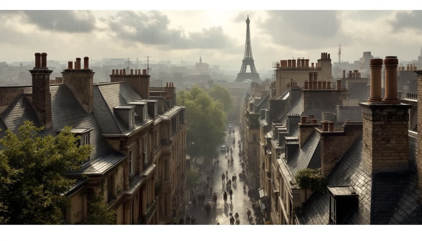 AI generated: hyper-realistic illustration, a panoramic view above the 1900s Paris rooftops after a summer rain, t...