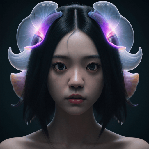 AI generated: Japanese chin dog close-up ,portrait . jellyfish phoenix head, nautilus, orchid, skull, betta fish, ...