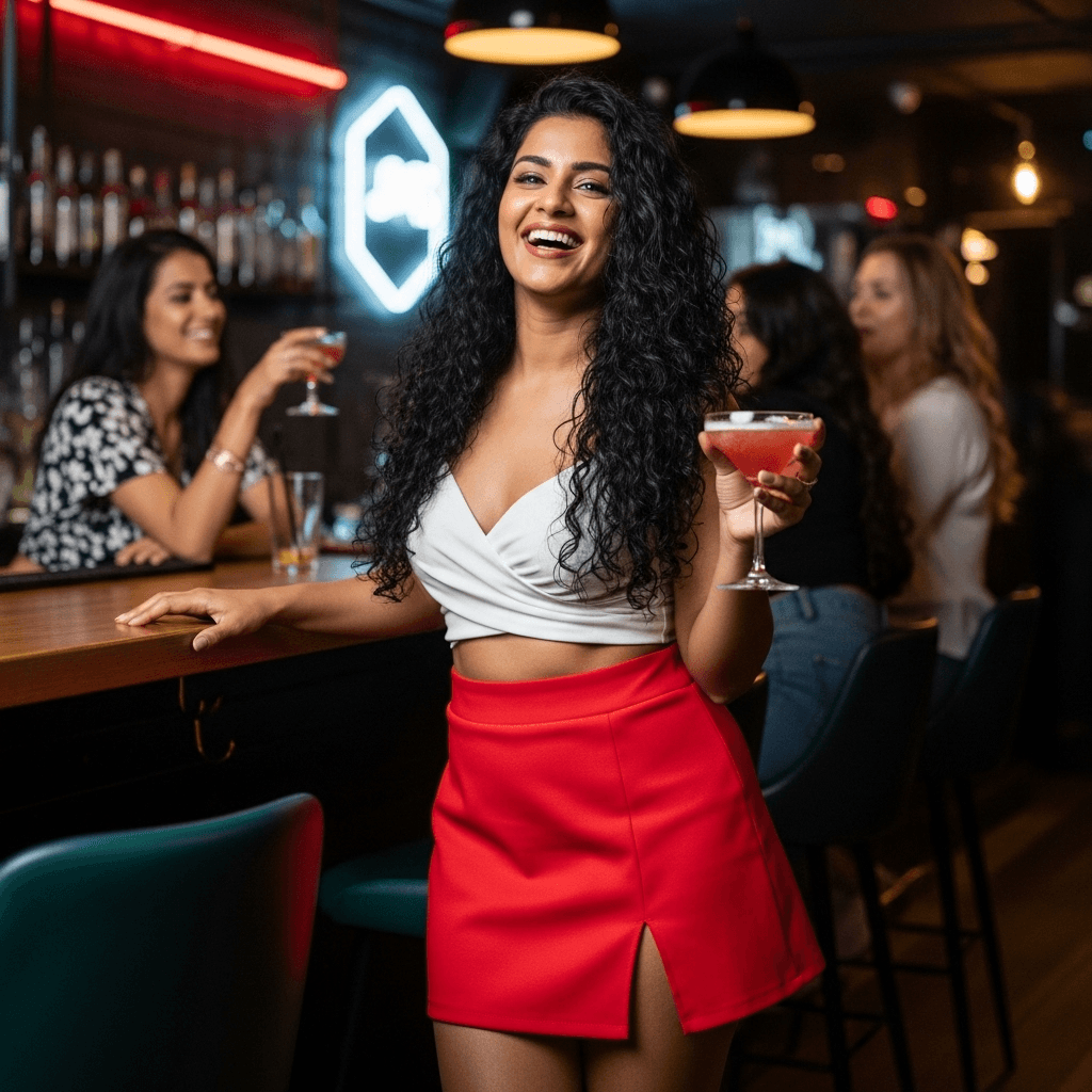 AI generated: curvy indian wearing mini skirt, bar