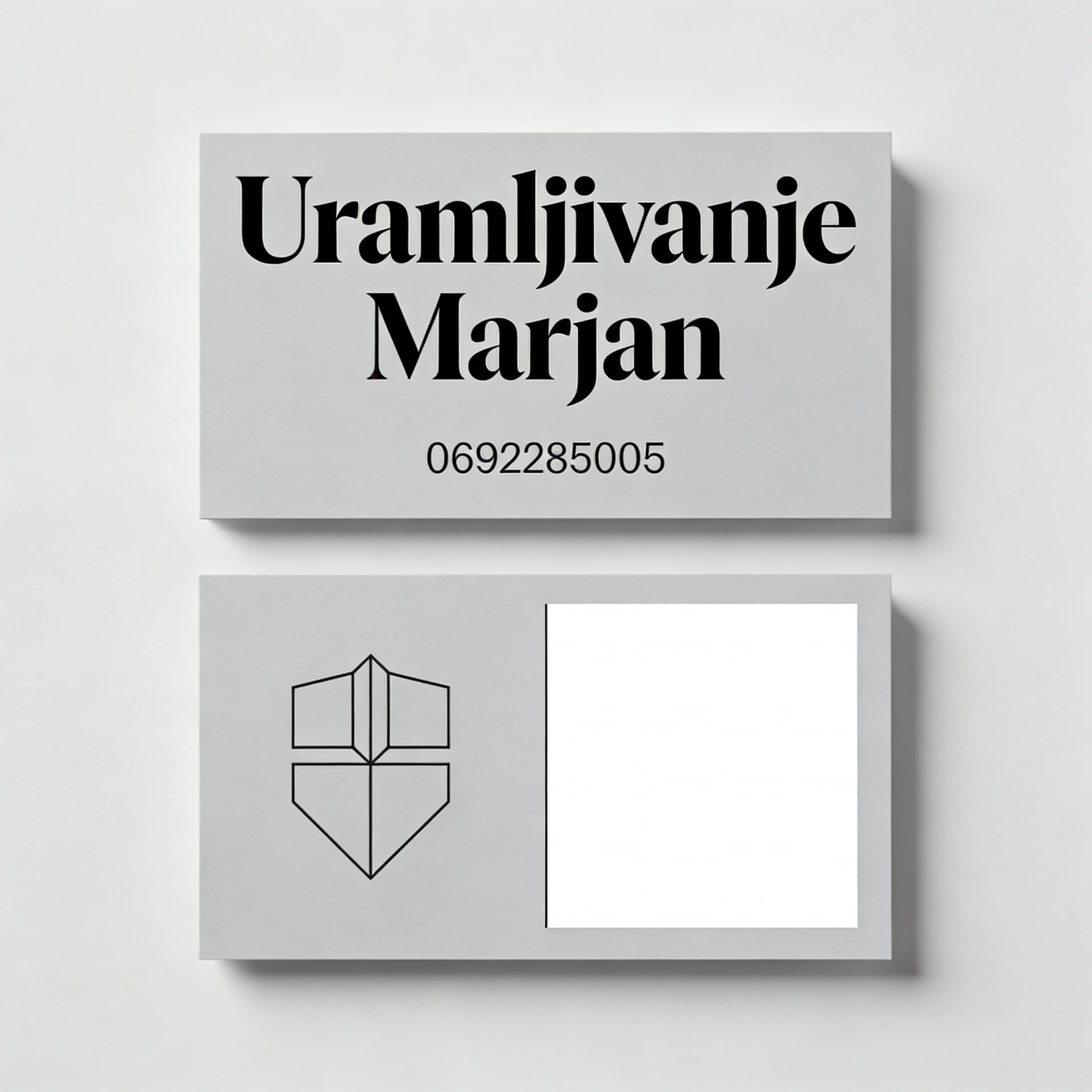 AI generated: Bisniss card with name Uramljivanje Marjan
Phone number 0692285005