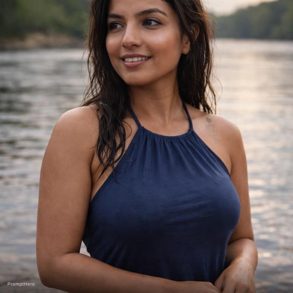 AI generated: Create a photorealistic portrait of a fit adult woman standing by a riverbank. She has long brown ha...