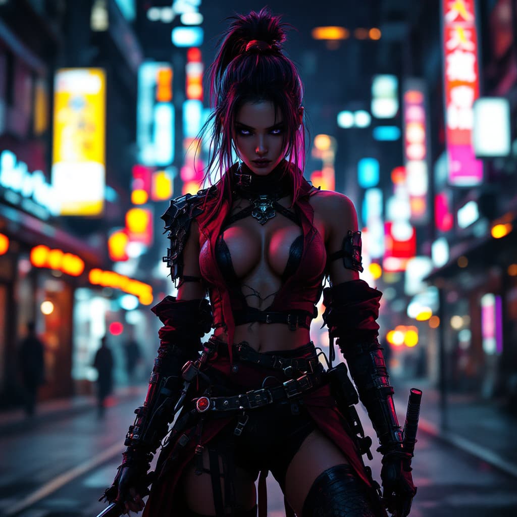 AI generated: photo of a female cyberpunk street samurai, city streets at night with neon lights, cyberpunk style