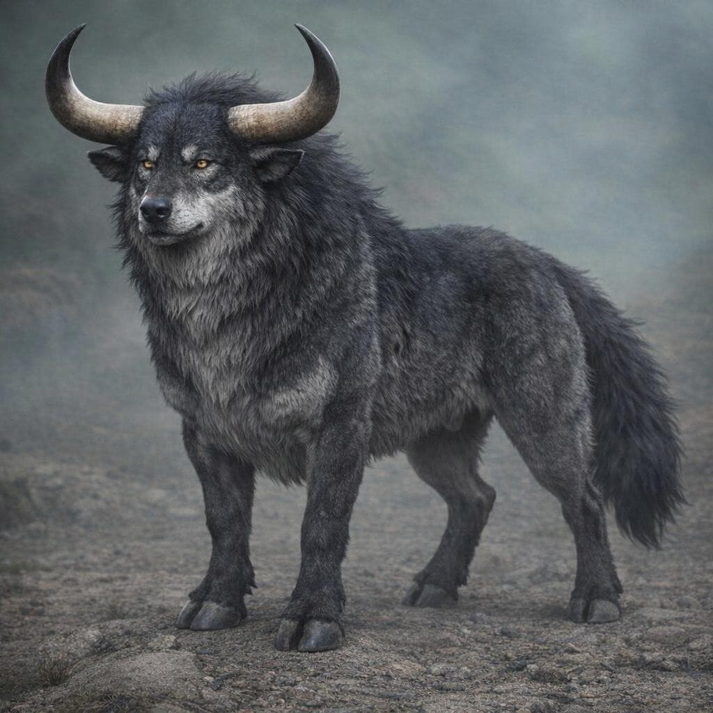 AI generated: create a new creature that is a mix of a bull and Wolf
