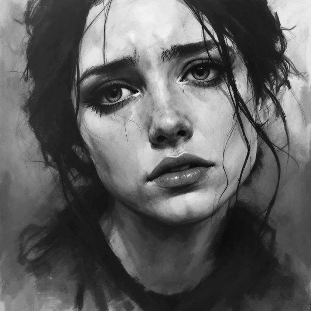 AI generated: Charcoal drawing, portrait, depressed girl, expressive