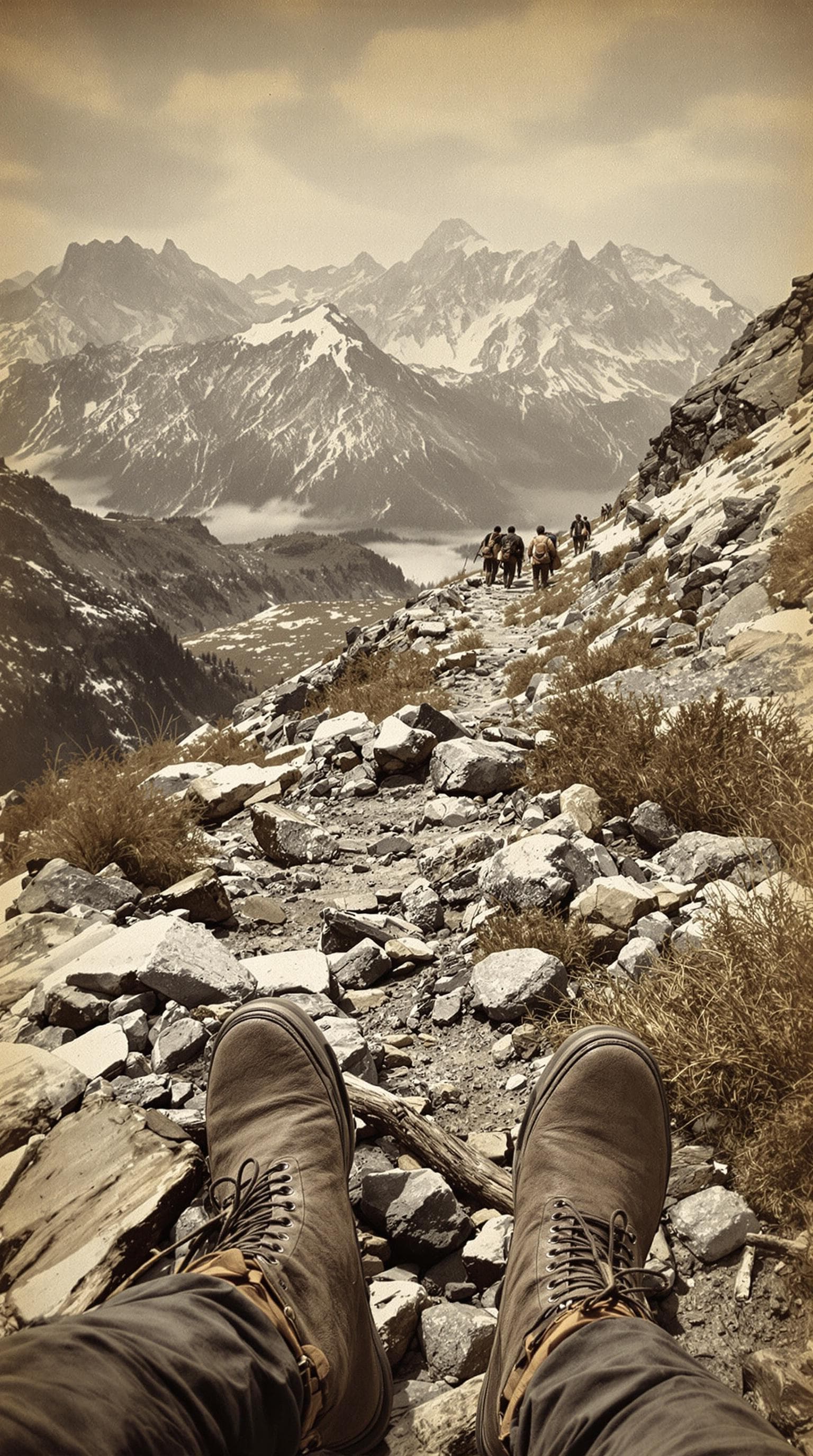 AI generated: first person POV, worn-out 1849 prospector boots on treacherous mountain path, mule train visible be...