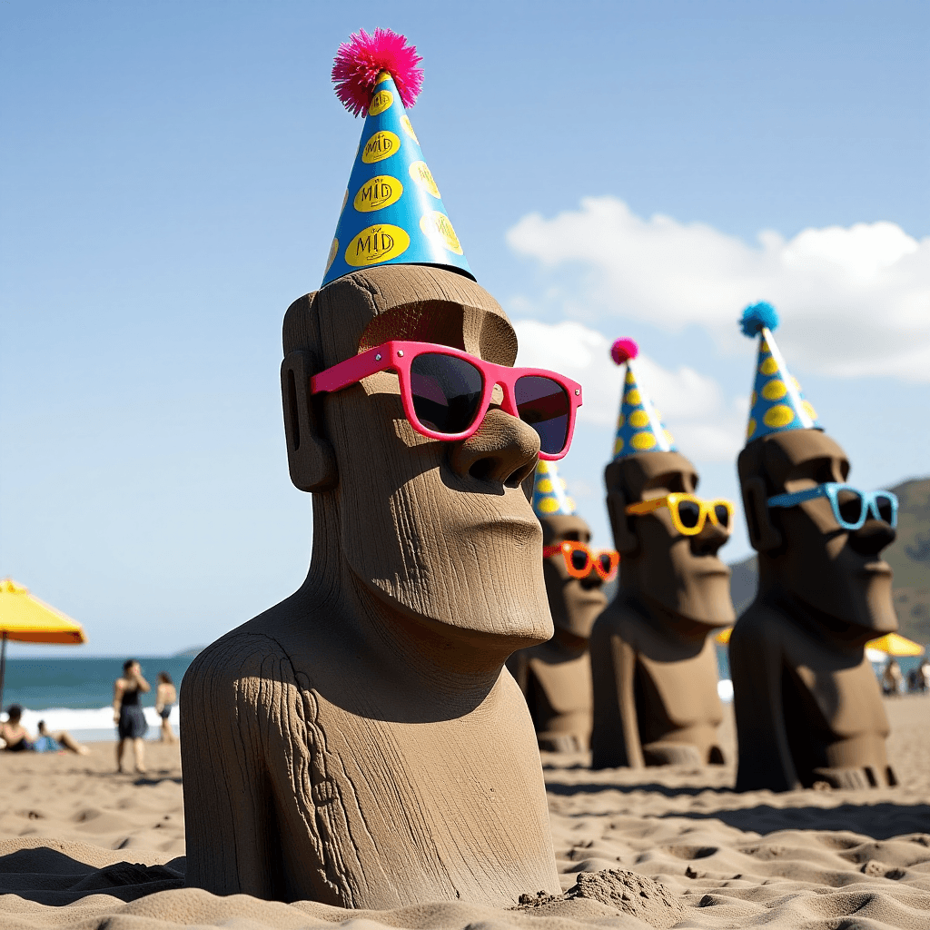 AI generated: "The Moai statues of Easter Island, reimagined wearing oversized, colorful party hats and sunglasses...