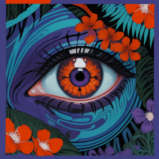 AI generated: a  painting of an eye with purple and orange flowers, in the style of james jean, mysterious jungle,...