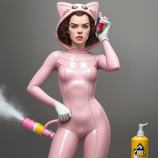 AI generated: DAISY RIDLEY IN A PINK LATEX CAT COSTUME HOLDING SPRAY CANS