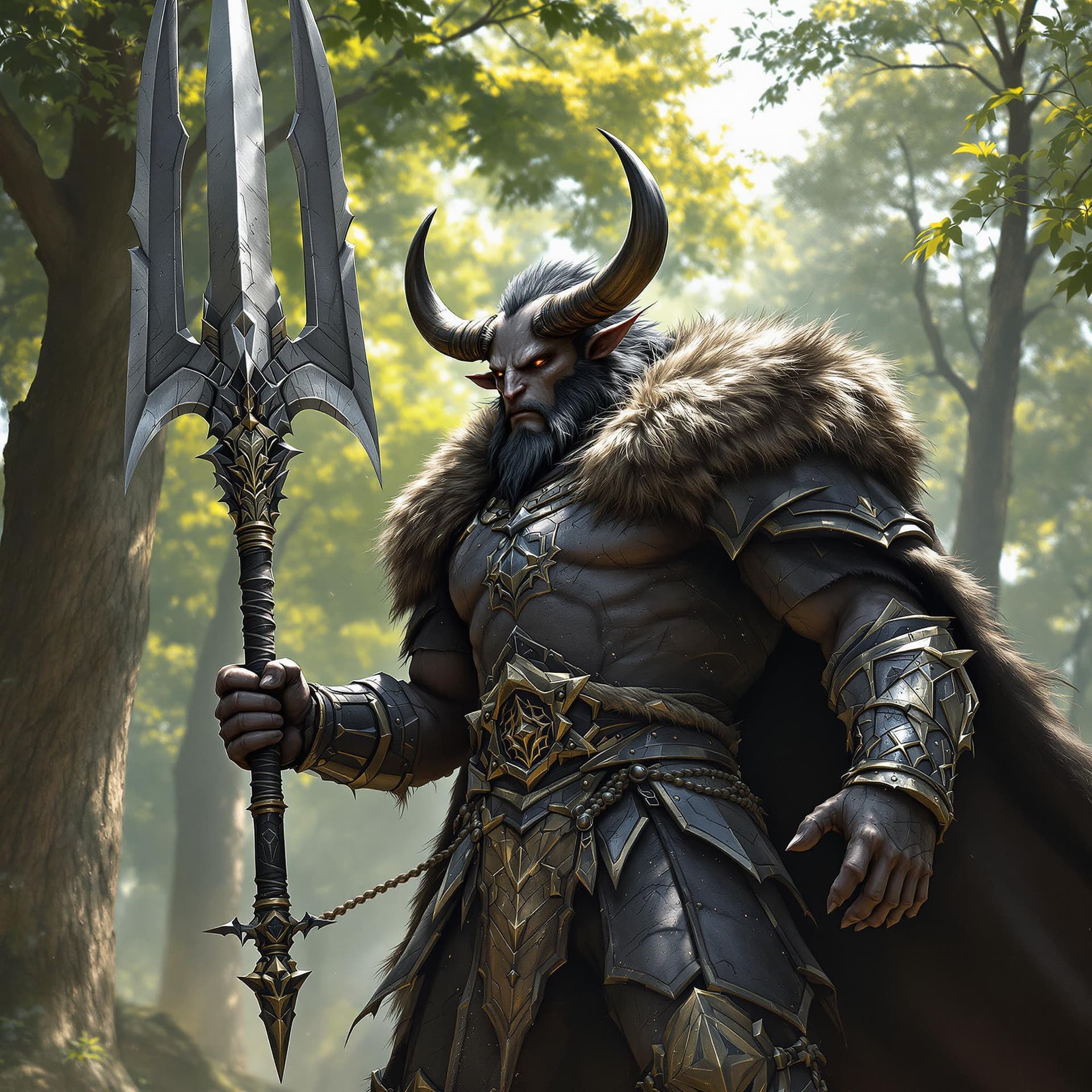 AI generated: A minotaur warrior, his face with humanoid features, clad in battered black armor. His fur-lined clo...