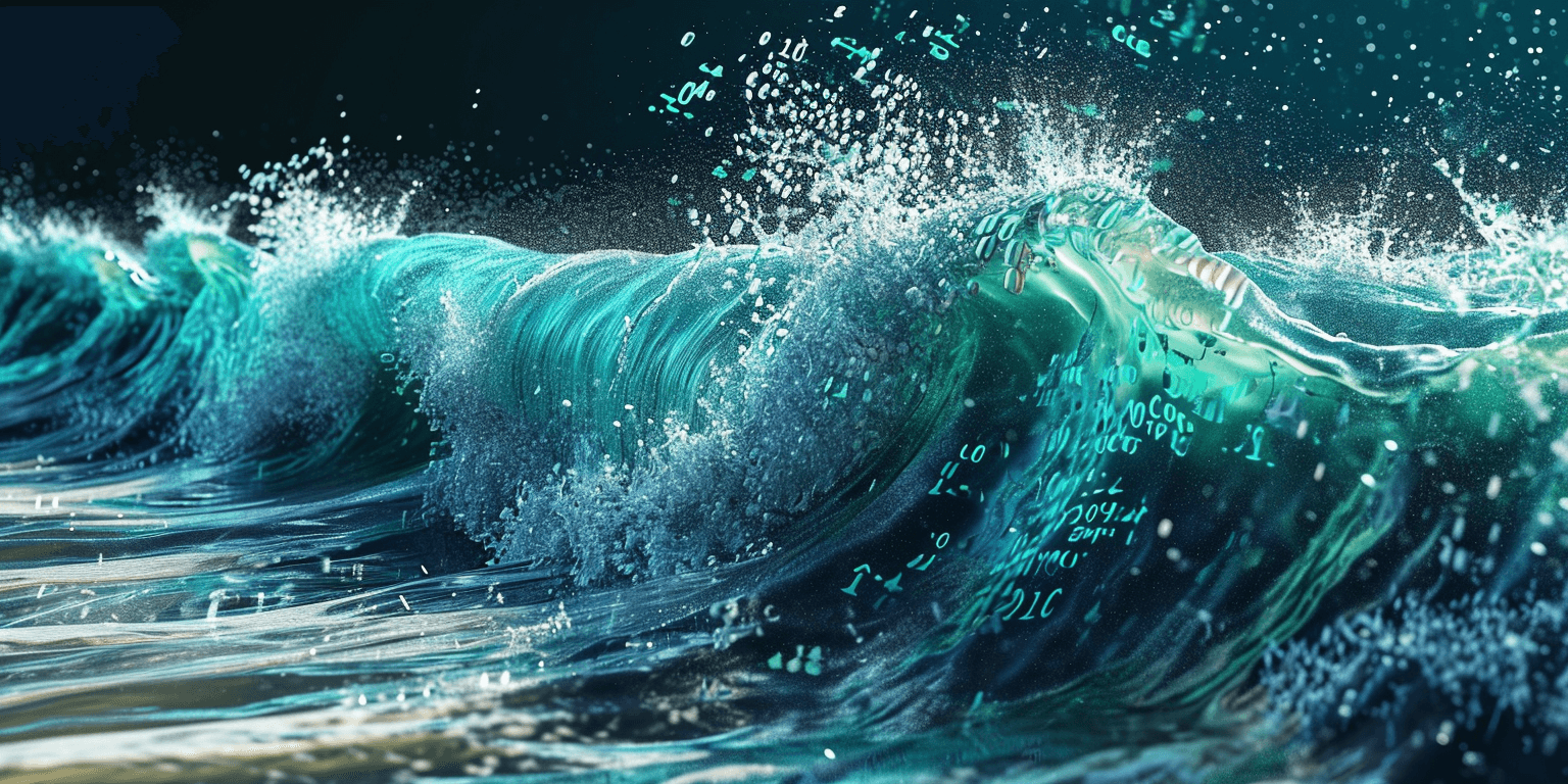 AI generated: Abstract ocean waves with binary code, intense indigo and green and light blue paint splatter art st...