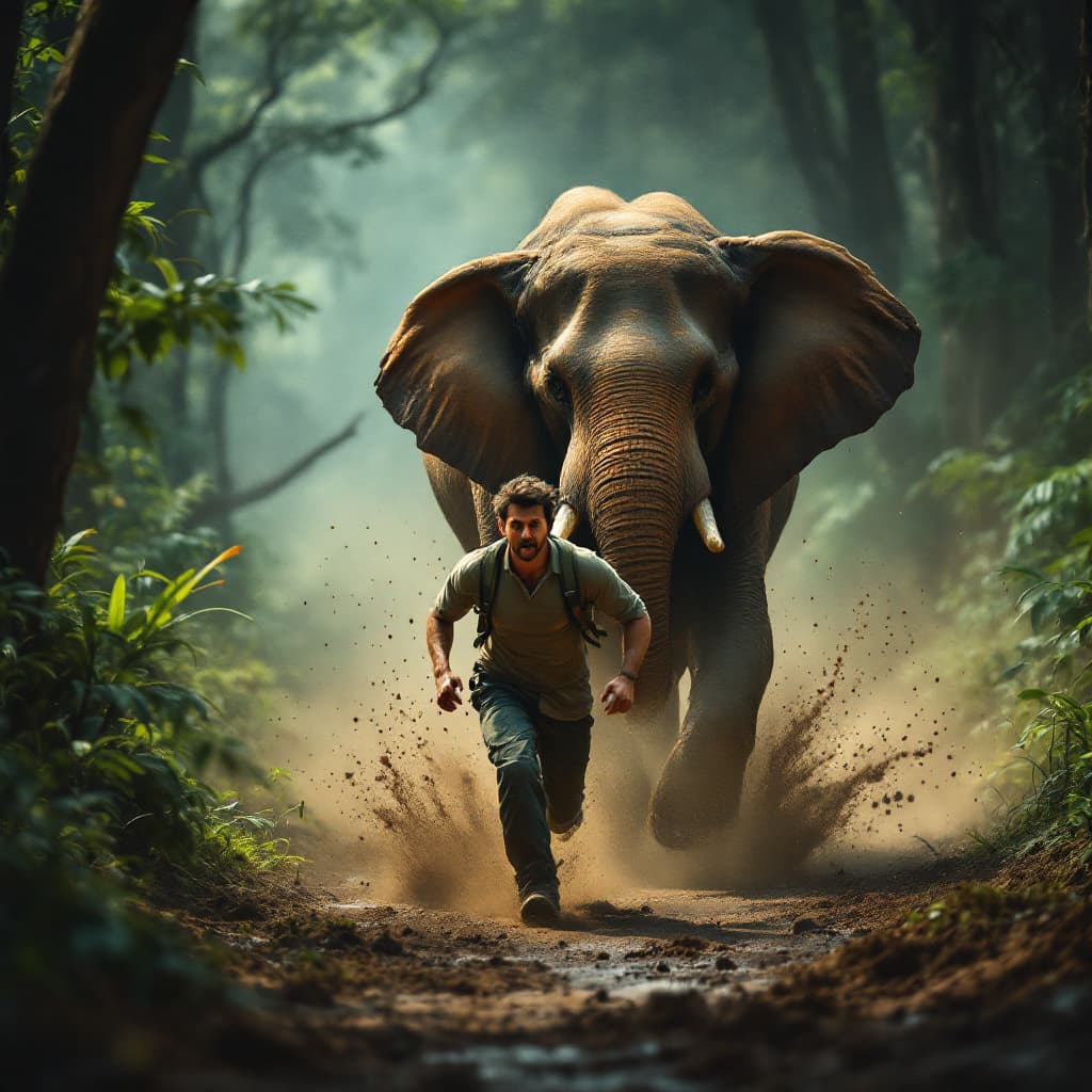 AI generated: Create a dramatic and dynamic image set in a deep Kerala forest, depicting an elephant running behin...