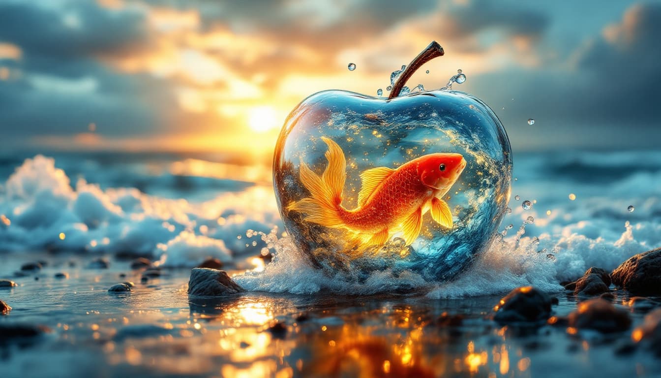 AI generated: Prompt: Beautiful double exposure image blending a stormy sea and a glass apple on the shores of a b...