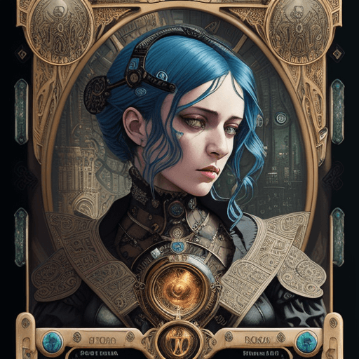 AI generated: tarot card with intricate detailed frame around the outside | portrait of steam clockwork maiden hea...