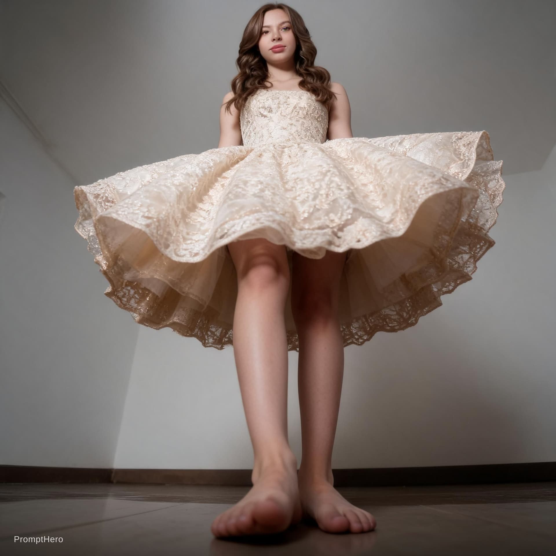 AI generated: The Person in first picture in the drees of the second picture. camera should be positioned at the f...