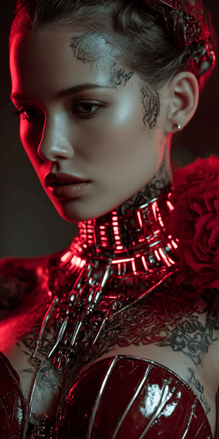 AI generated: A close-up portrait of a female figure with striking features, showcasing a futuristic aesthetic. Sh...