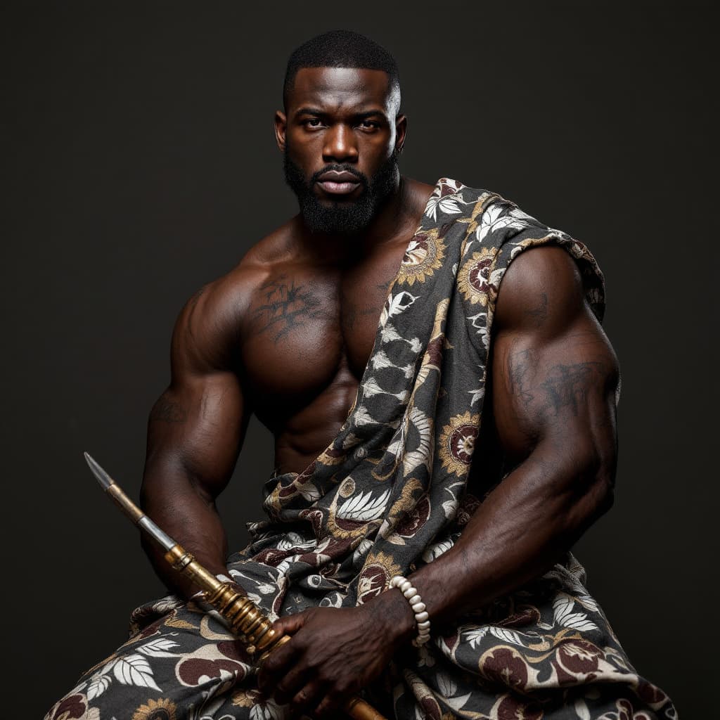 AI generated: muscular African man portraite shot in agbada nigerian outfit very fit wth big shouylders and biceps...