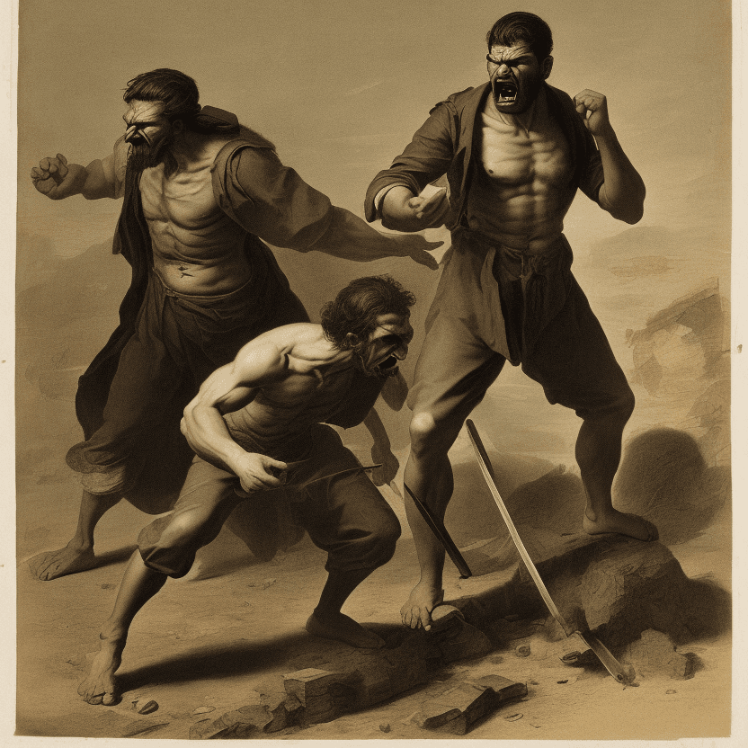 AI generated: The image shows a man confronting others with anger and aggression, with defiant looks and gestures.