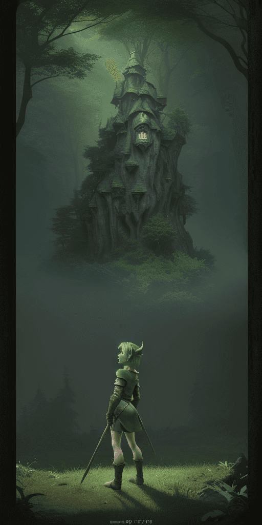 AI generated: illustration of a green short goblin, medieval clotes, forest background, full length view, digital ...