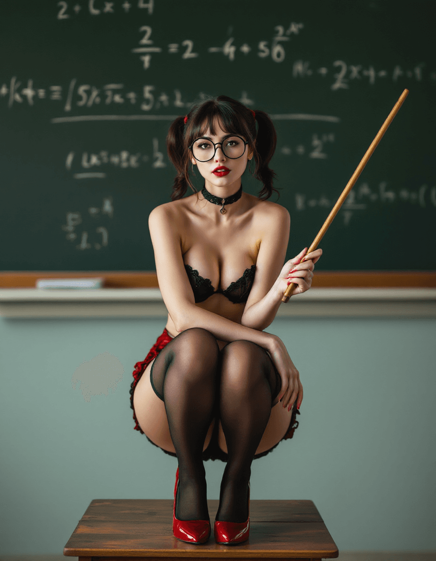 AI generated: photo of a 24-year-old woman with twintails and big round glasses wearing nothing except black stock...