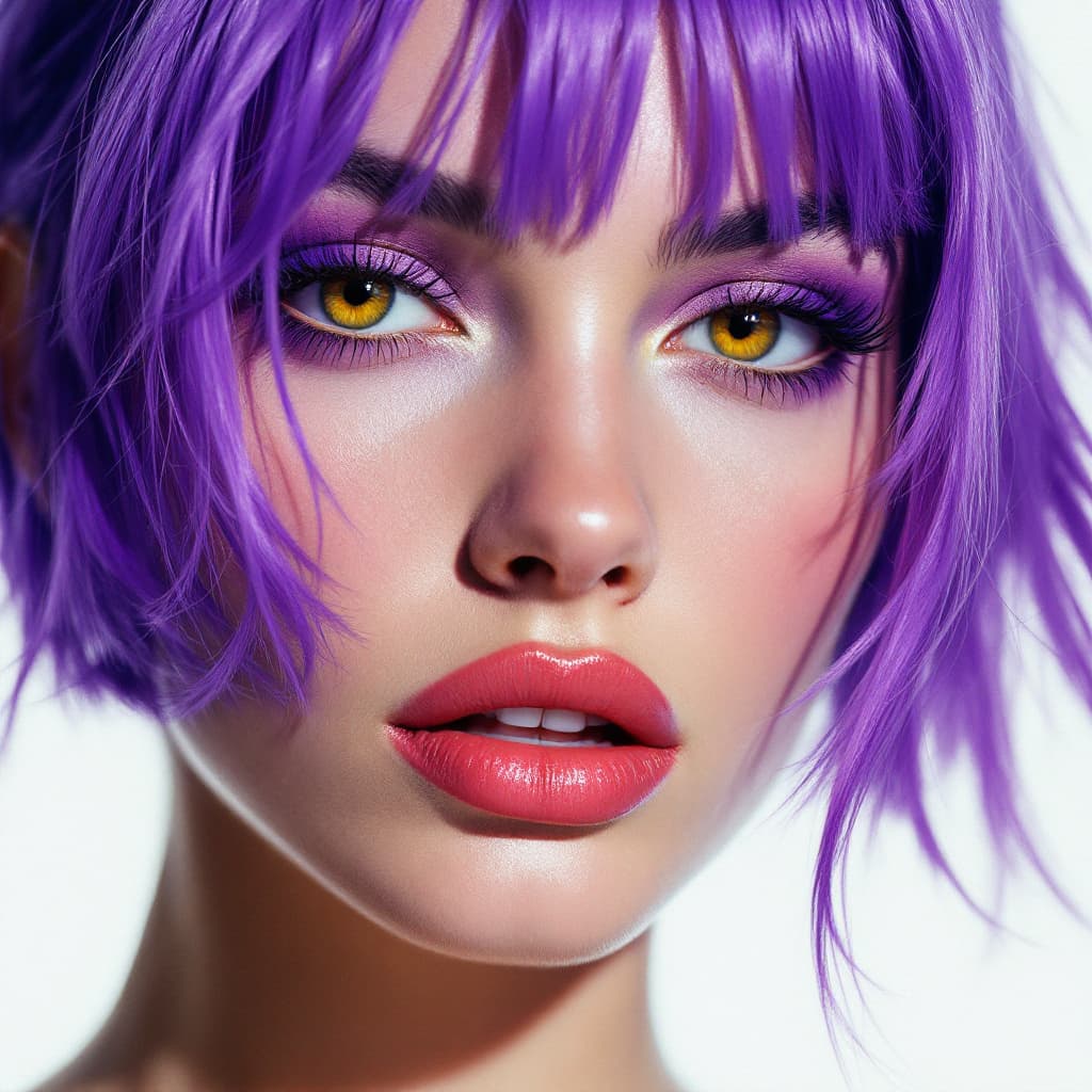 AI generated: A close-up portrait of a woman with vibrant purple hair, blending the bold, graphic style of Andy Wa...