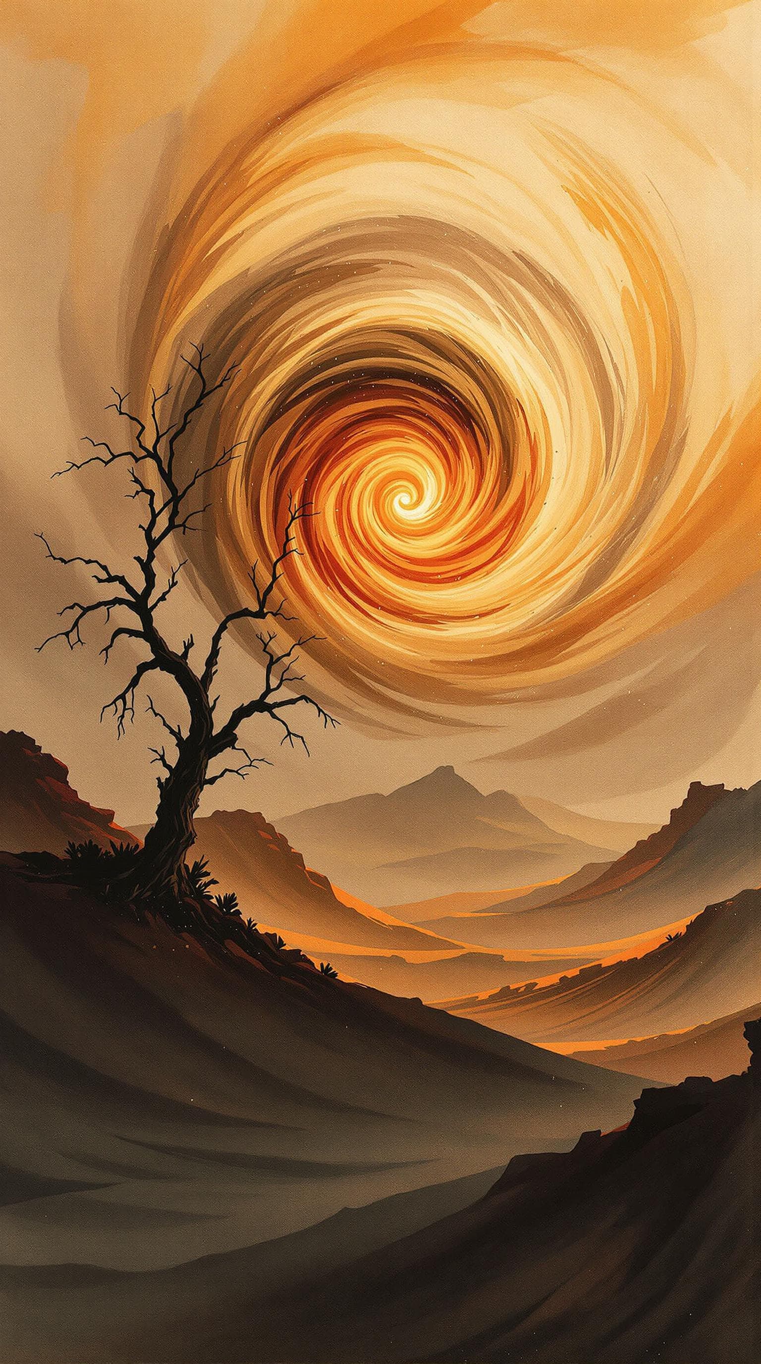 AI generated: Medium: Wet-on-wet Blended and Layered watercolor painting, Subject: swirling sandstorms, a lone, wi...