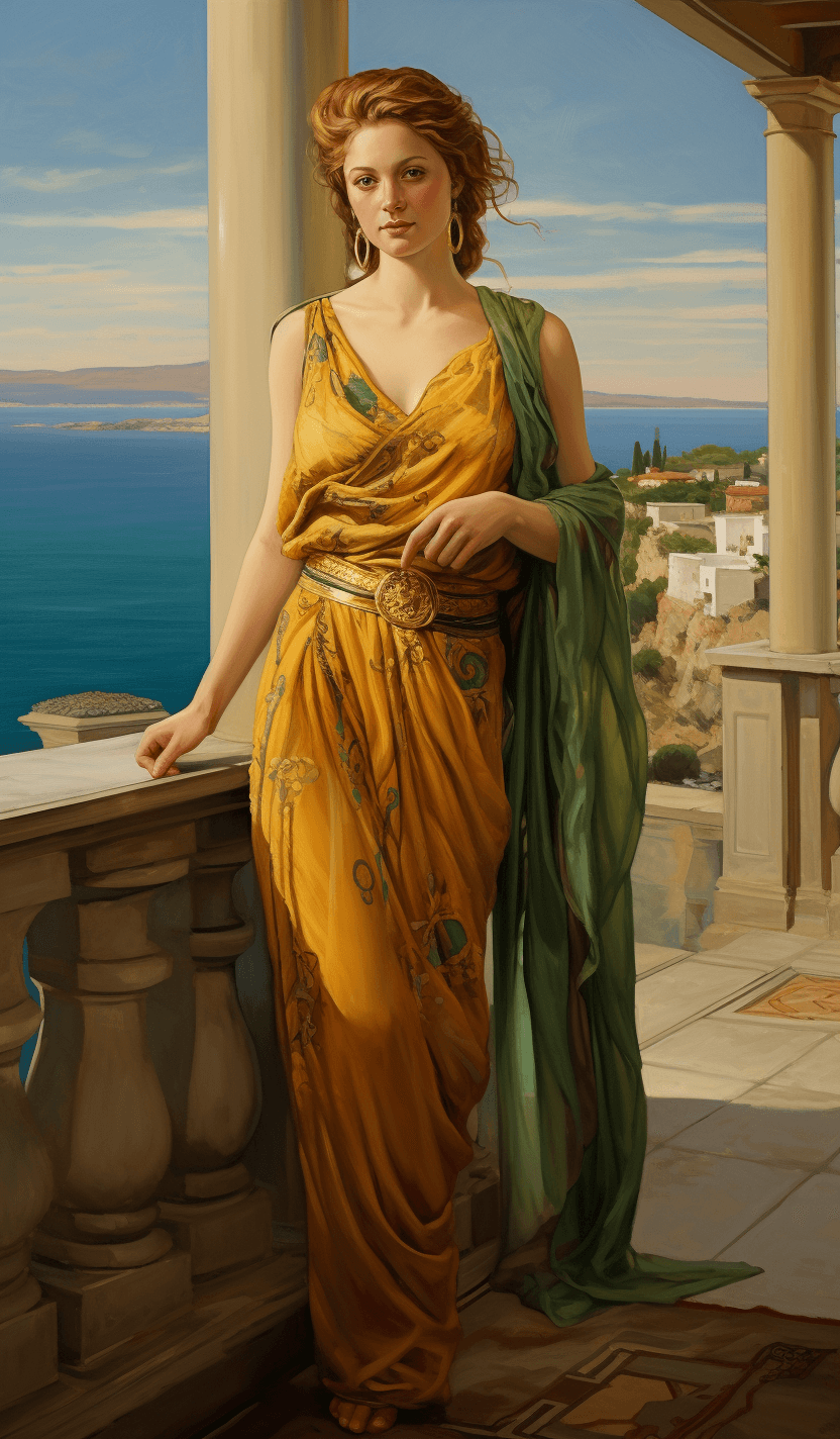 AI generated: Full body portrait of an ancient Greek woman, wearing a yellow Greek toga and emerald necklace in th...