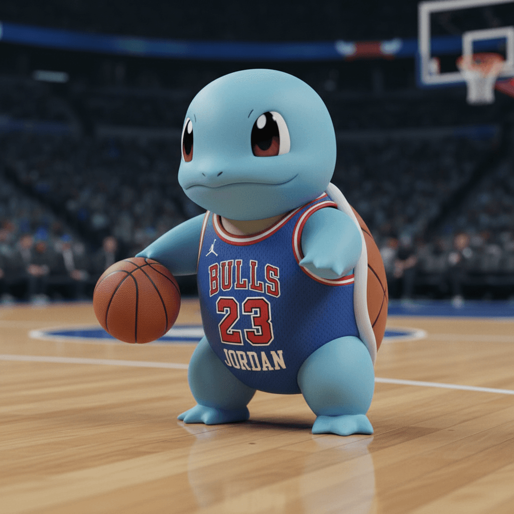 AI generated: Pokémon Squirtle with a blue 23 Jordan jersey