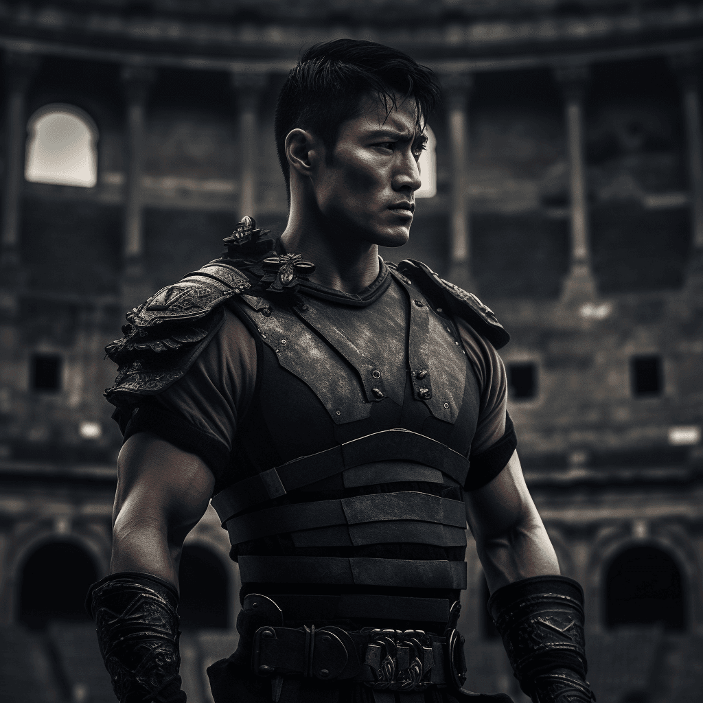 AI generated: handsome asian man, modern day gladiator, black sleek armor, black sword, futuristic colosseum backg...