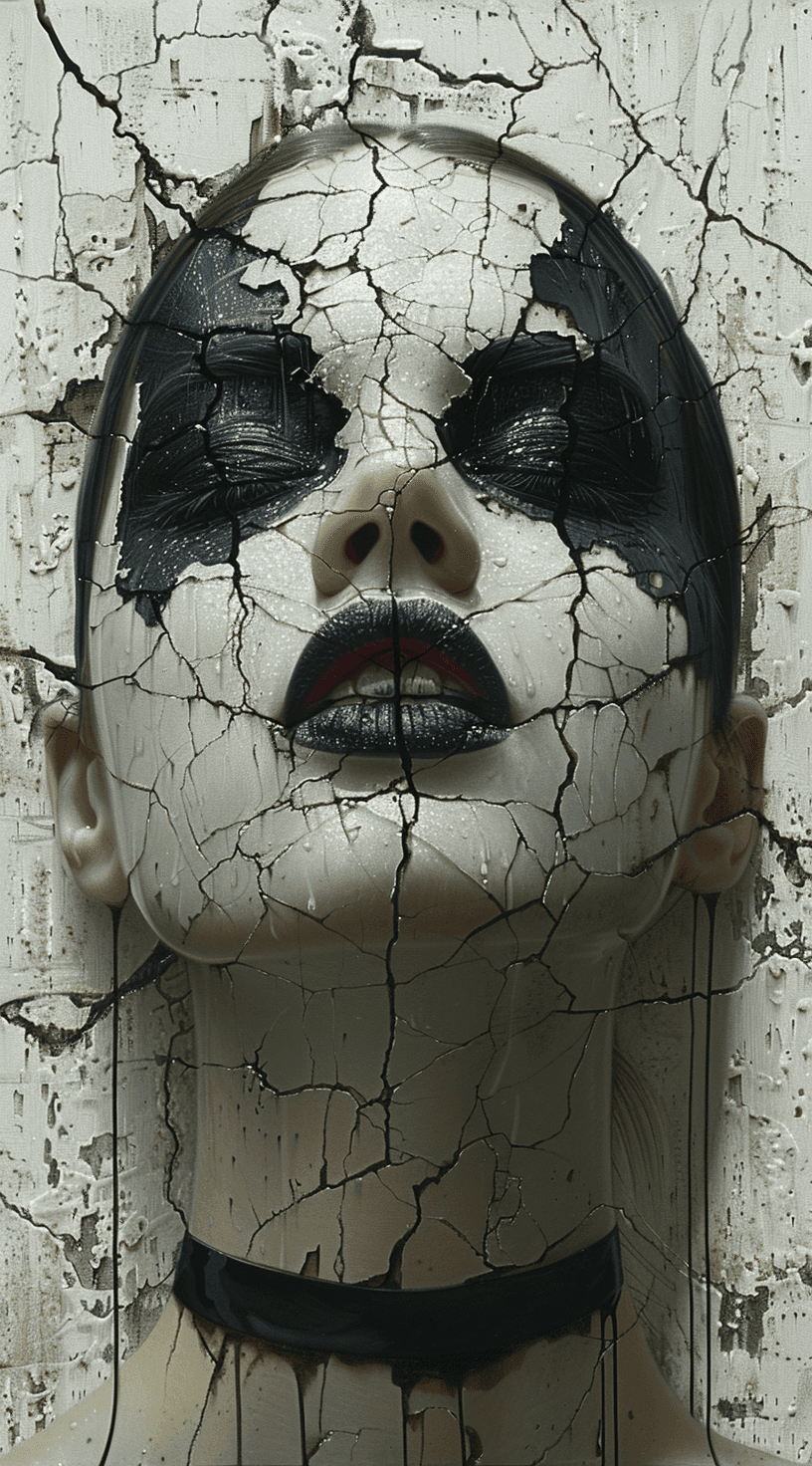 AI generated: The head of the girl is made up entirely from cracked black paint, with her lips visible through cra...