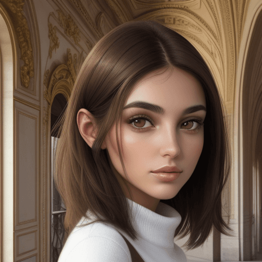 AI generated: woman with brown eyes and parted hair in a building in Paris

