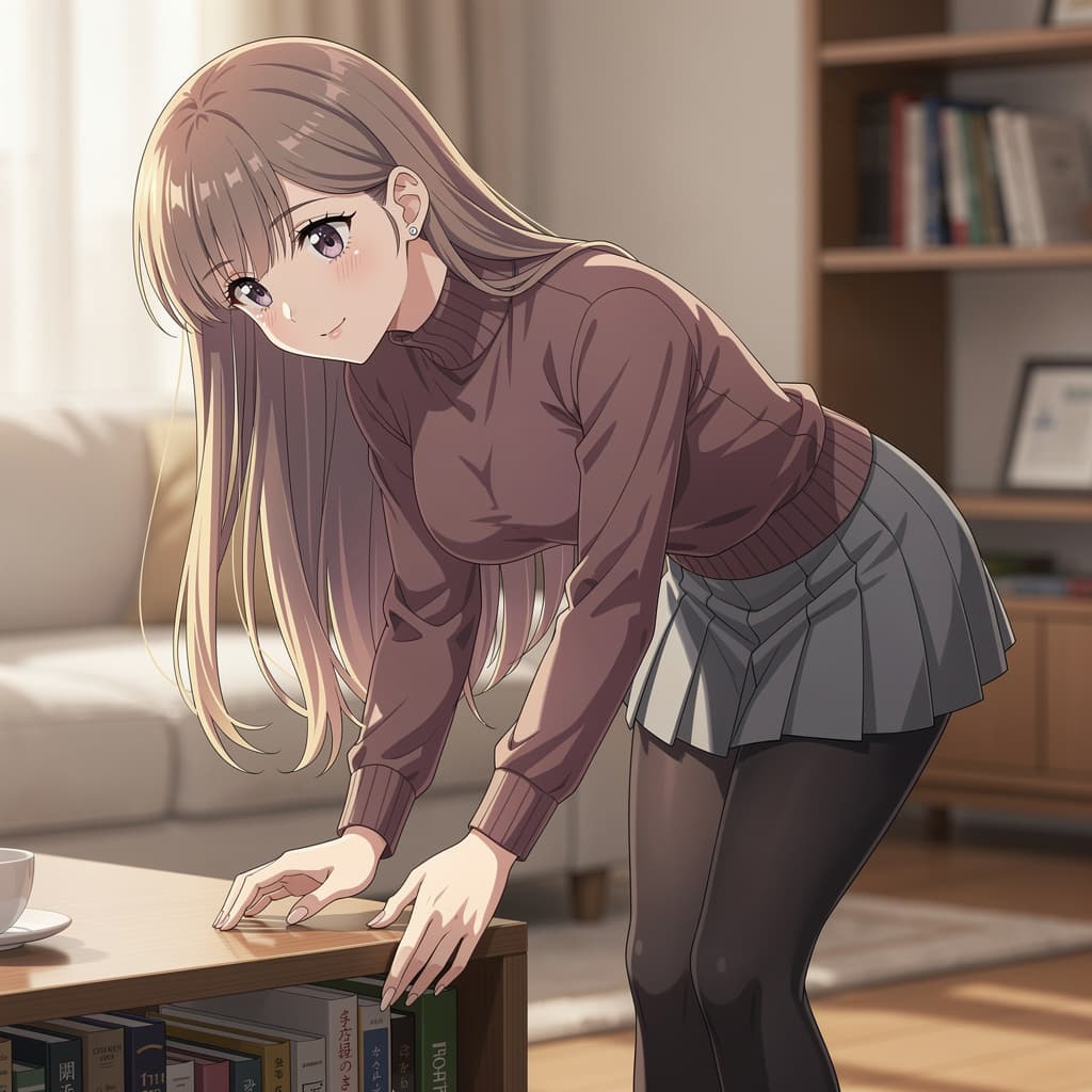AI generated: Create female body bending over and big breast mini skirt long air and hentai anime face. 
