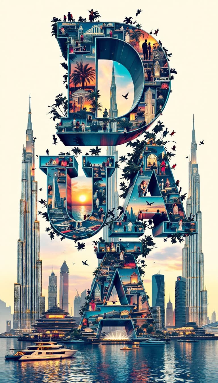 AI generated: A striking, high-contrast cinematic photo-style vertical collage that captures the essence of Dubai ...