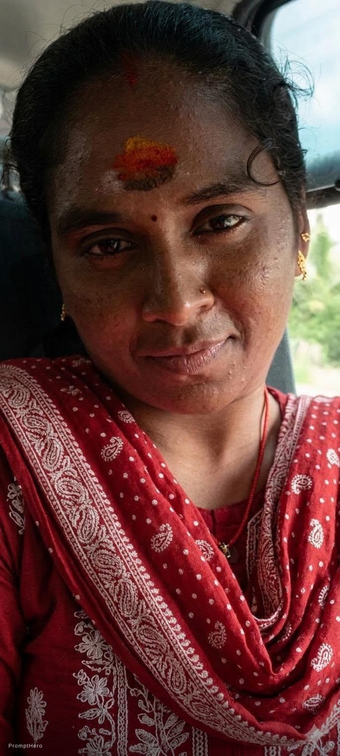 AI generated: Replace the woman's saree colour into red with white mix colour but don't cover her navel same like ...