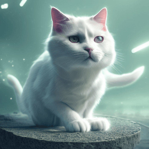 AI generated: robotic white cat, playing with an ass, blurred environment background,portrait, yellow sweter, shar...