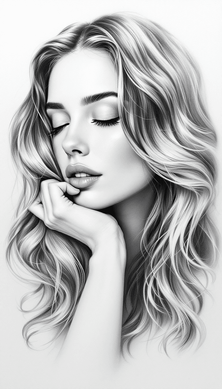 AI generated: The painting is a detailed black and white sketch of a woman with long, wavy hair that flows around ...