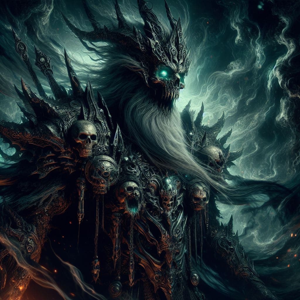 AI generated: In a dark, ominous realm, Odin stands amidst swirling shadows and spectral flames. His armor is a si...