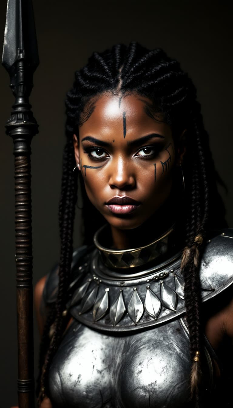 AI generated: 9. A powerful, three-quarter portrait of a woman, her face marked by tribal tattoos and her gaze dir...
