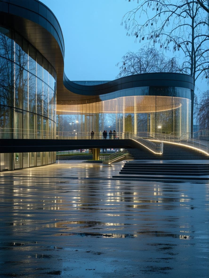 AI generated: modern minimalist architecture, contemporary pavilion design, symmetrical curved structure, panorami...