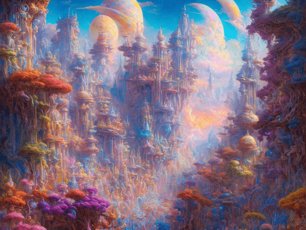 AI generated: A vibrant, colorful world of the future, where mankind, aliens, and AI live in peace and joy. Cinema...